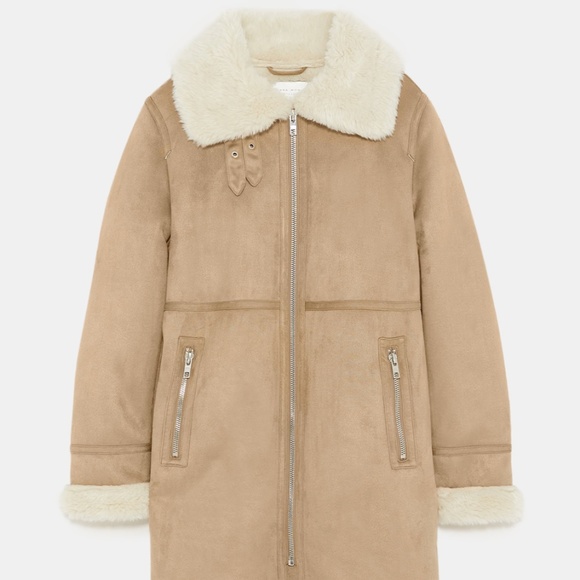 ZARA Fur Suede Long Biker Coat:Camel, US L/EUR L - Picture 8 of 12
